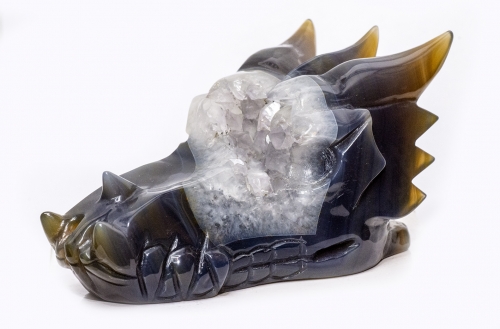 Drachenkopf, Skull, Dragon Head, Achat mit Kristallbildung, 515 Gramm!