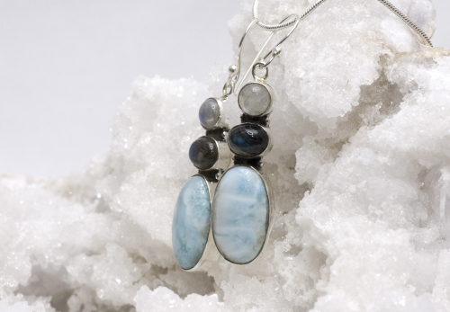 Larimar earrings with moonstone and labradorite, set in 925 silver