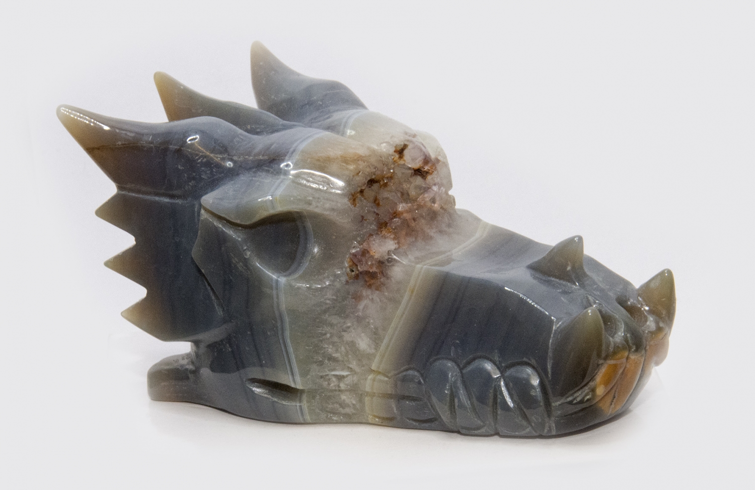 Dragon head, skull, agate with crystal formation, 545 grams!